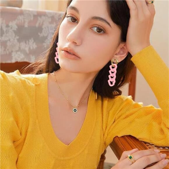 Chunky Chain Link Earrings | Pastel Resin Drop Dangle, Statement Earrings. - Picture 5 of 6